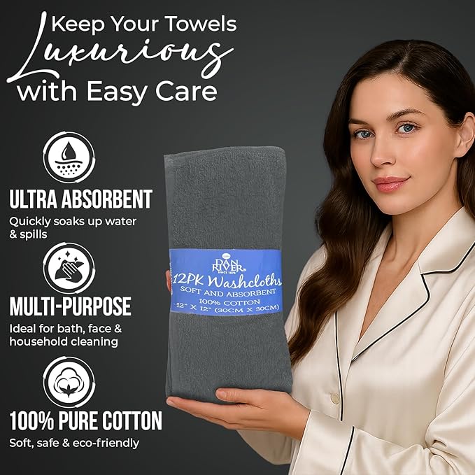 DAN RIVER 12 Pack Wash Cloths for Showering [12x12] - 100% Cotton Washcloths Premium Quality Flannel Face Cloths for Bathroom, Highly Absorbent and Soft Feel Wash Clothes, Grey