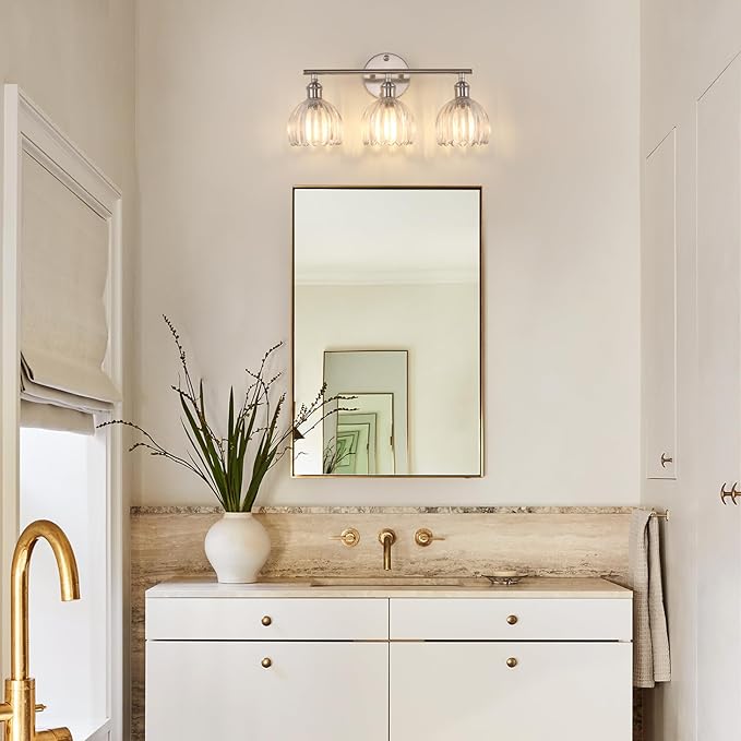 Bathroom Light Fixtures, 3-Light Vanity Wall Light Over Mirror with Clear Tulip Glass Shade for Bedroom Living Room (Bulb Not Included), Satin Nickel