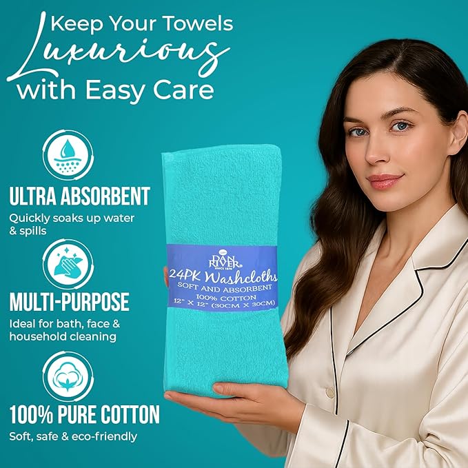 DAN RIVER 24 Pack Wash Cloths for Showering [12x12] - 100% Cotton Washcloths Premium Quality Flannel Face Cloths for Bathroom, Highly Absorbent and Soft Feel Wash Clothes, Aqua