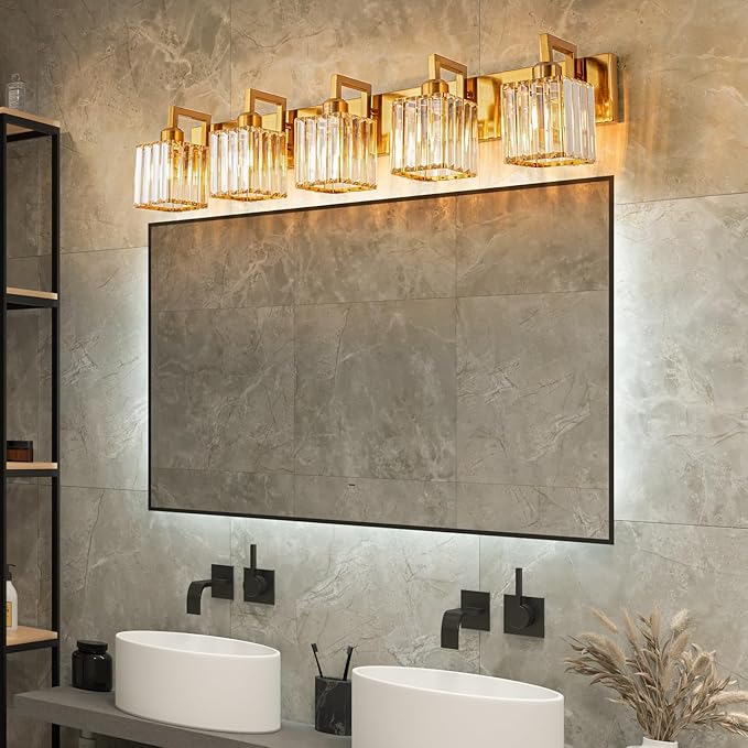 Modern Bathroom Vanity Light 5-Lights Chrome Crystal Wall Lamp Bathroom Modern Crystal Vanity Lighting