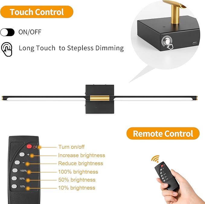 30 Inch Battery Operated Wall Sconces Set of Two, Dimmable Wall Sconces with Remote Control, Black Gold Rechargeable Sconces, LED Wireless Wall Lights for Bedroom, Living Room, Bathroom