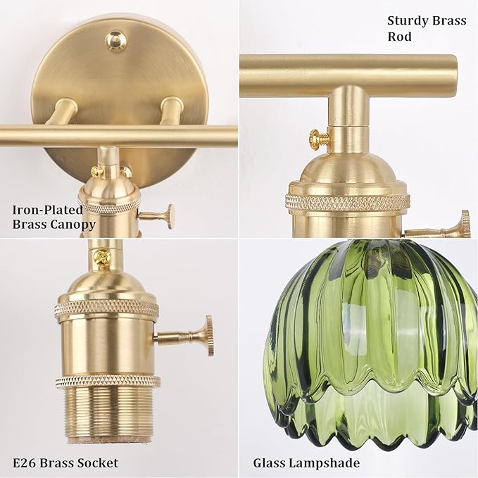 Bathroom Light Fixtures, 3-Light Brass Vanity Wall Light Over Mirror with Green Tulip Glass Shade for Bedroom Living Room (Bulb Not Included)