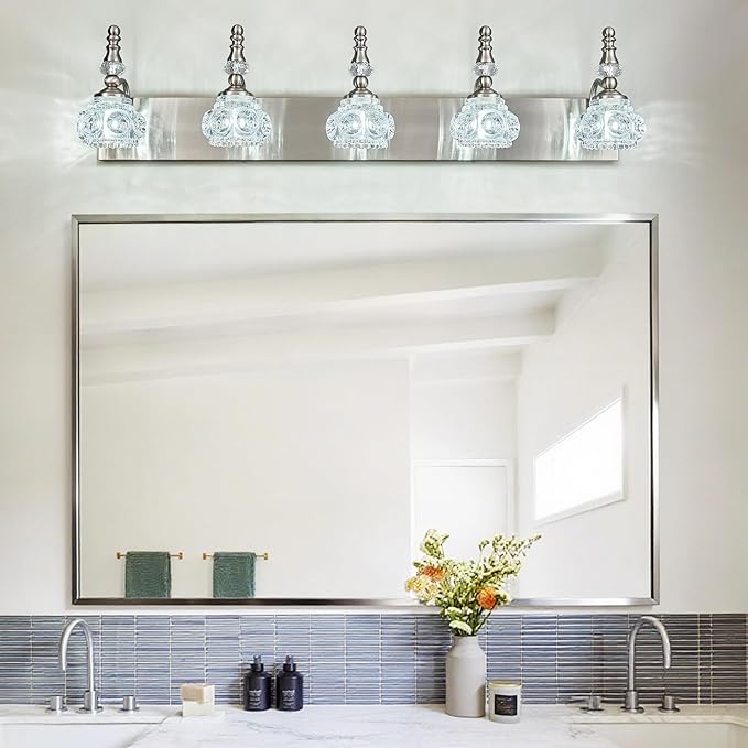 Modern Glass Crystal Vanity Light - Vintage Bathroom Lighting Fixtures Over Mirror, 5 Light Vanity Lights G9 Bulb (35.43 Inch, Nickel)