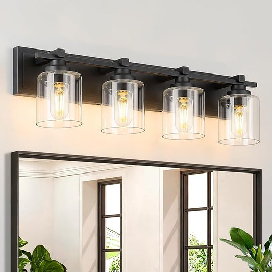 4 Light Modern Bathroom Light Fixtures Over Mirror, Black Vanity Lights for Bathroom Wall Sconces with Clear Glass Shades, E26 Socket (Bulbs Not Included)