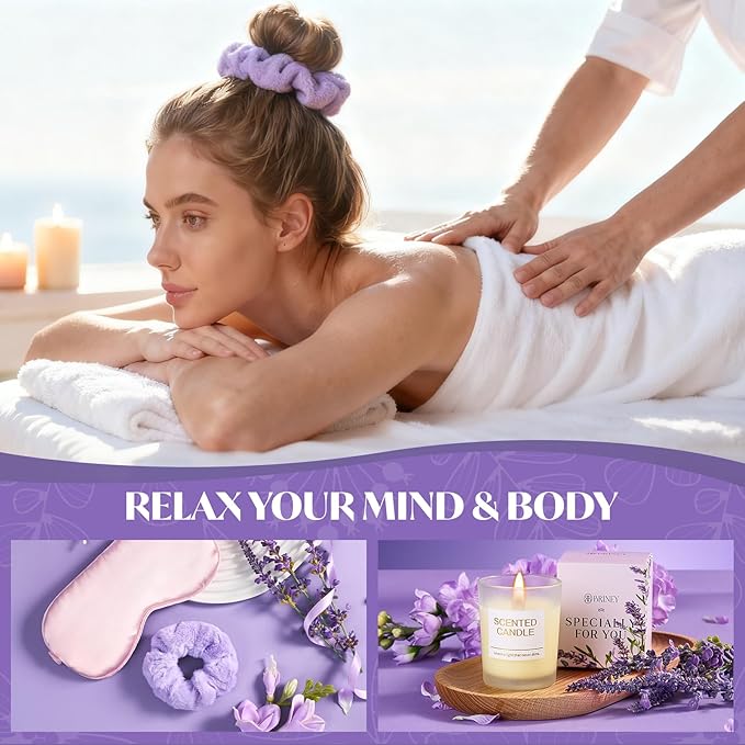 Briney Birthday Gifts for Women, Lavender Relaxing Spa Basket Care Package, Birthday Christmas Gift Basket for Mom Wife Girlfriend Her Sister, Luxury Self Care Box,Purple