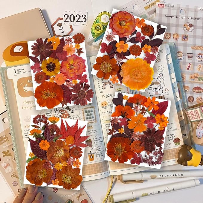 141PCS Brown Fall Dried Pressed Flowers for Resin - YouthBro Real Nature Flowers Butterfly Stikers Set for Christmas DIY Candle Soap Vase Making Nail Card Scrapbook Art Craft Floral Decors