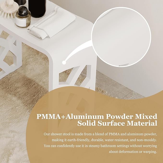 CASAINC Stone Resin Shower Stool for Inside Shower Modern Solid Surface Lattice Side Bathroom Stool Matte White Shower Bench, Approximately 440 lbs Capacity