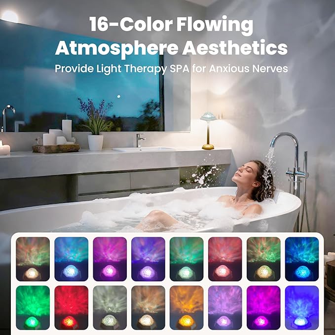 4 in 1 Shower Lamp Waterproof Bathroom Lamp Ocean Wave Projector Light Northern Galaxy Light 16 Color Rechargeable Remote Control lumena Lamps for Inside Shower/Bathtub