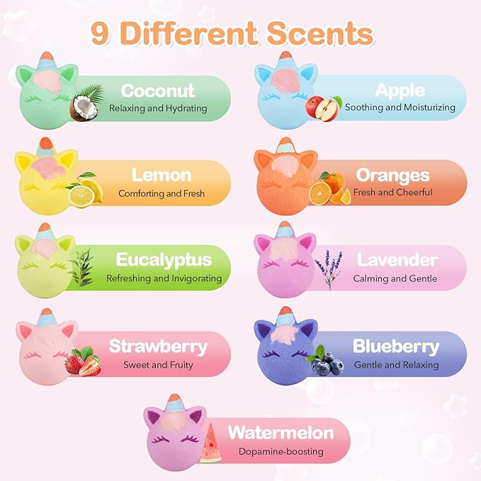 SHUCHING 9 XXL Unicorn Bath Bombs with Surprise Inside, Natural and Organic Bubble Bath Fizzy Balls for Kids, Birthday Christmas Gifts Set for Girls