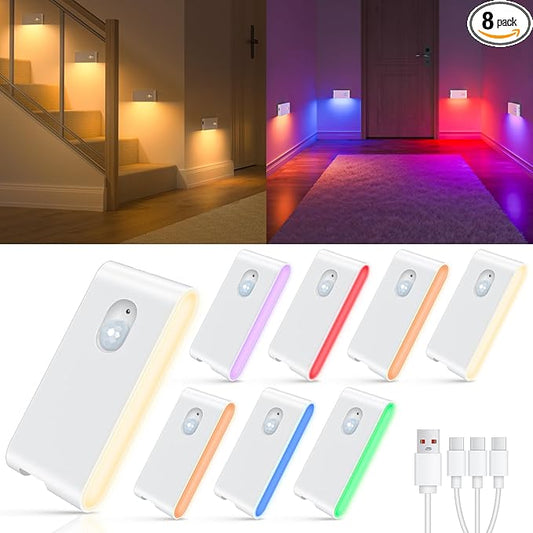 WILLED Motion Sensor Lights Indoor,RGB & Warm White Motion Sensor Night Light,Wireless Color Changing Stair Lights Indoor for Kids' Room,Stair,Bathroom,Hallway,Kitchen,Bedroom,Closet,Cabinet 8PC