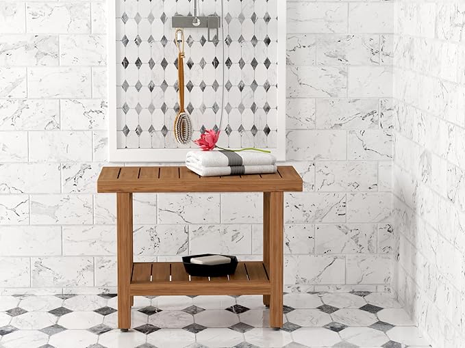 AquaTeak (Fully Assembled) The Original 24" Spa Teak Shower Bench with Shelf