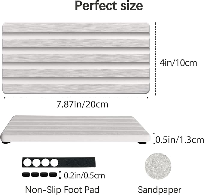 2 PCS Water Absorbing Stone Trays for Bathroom Sink & Kitchen Counter, Fast-Drying Diatomite Sink Caddy, Vanity Tray, Hand Soap Holder with Anti-Skid Feet (White, 7.9" x 4"/20 x 10cm)