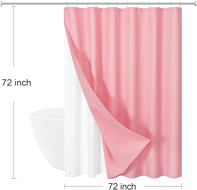 3 in 1 Shower Curtain Set, Pink Waffle Shower Curtain and PEVA Liner Set with 12 Stainless Steel Shower Curtain Hooks, Waterproof Fabric Shower Curtains for Bathroom, 72 W x 72 H
