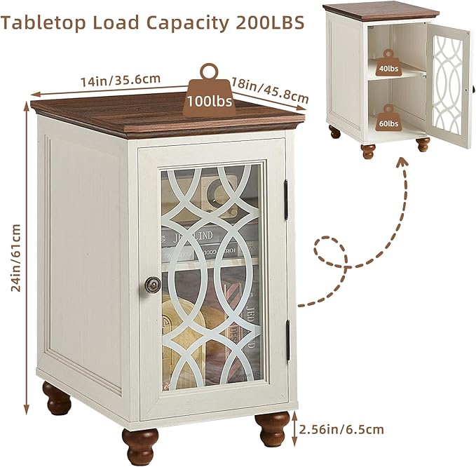 Narrow Side Table with Glass Door, 18 x 14'' Night Stand with Adjustable Shelf Storage Cabinet Organizer, Bedside End Tables Wood Nightstand for Small Spaces Living Room Bedroom