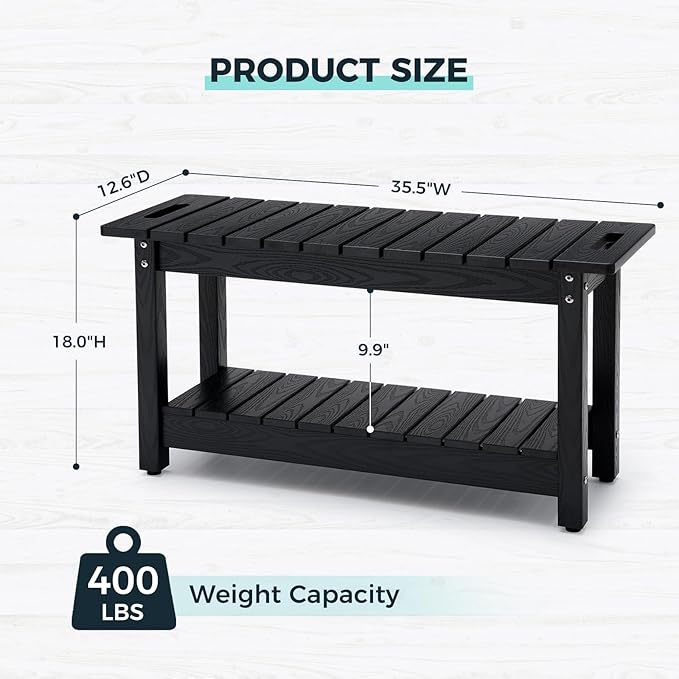 35" Shower Bench, Waterproof Poly Lumber Shower Stool for Shaving Legs, Shower Chair Seat Holds up to 400lbs, Bathroom Bench for Inside Shower, Non-Slip (Black)