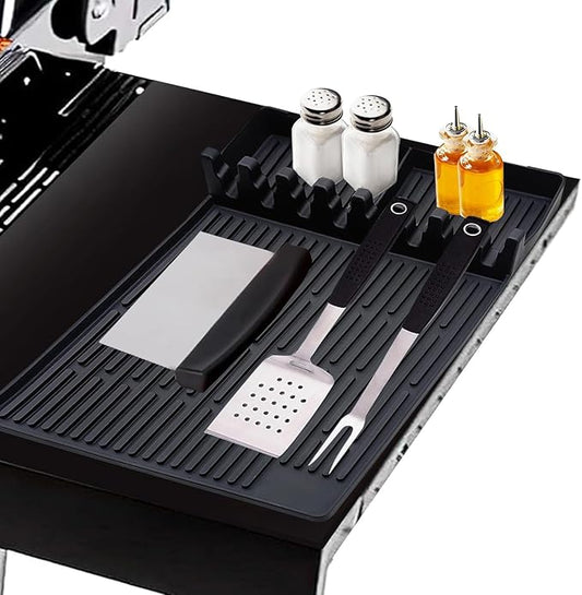 3 in 1 Silicone Griddle Tools Mat for Blackstone, Large Grill Side Shelf Mat, Heat Resistant Silicone Spatula Mat with Drip Pad, Utensil Rest with Drip Pad for Kitchen, Stovetop, Countertop- Black