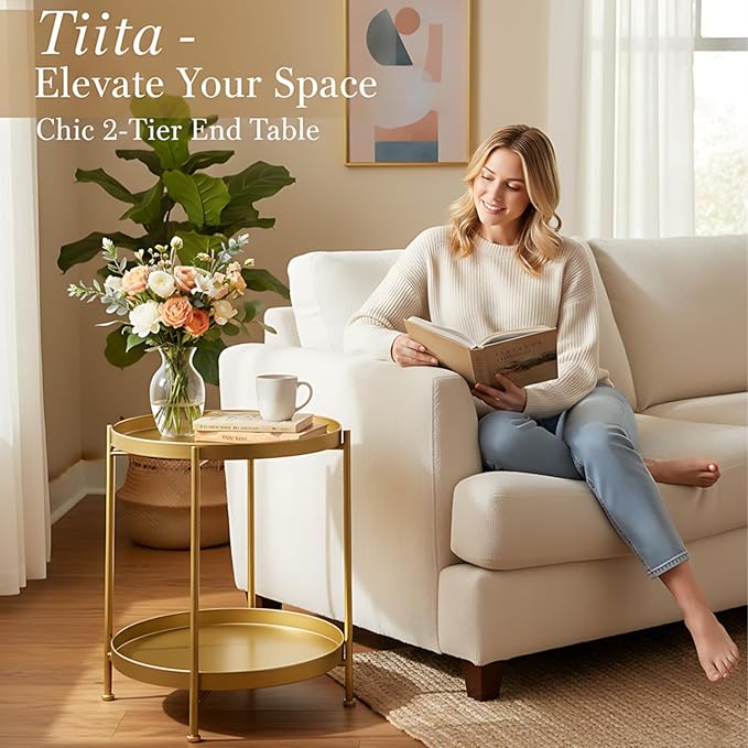 Tiita Round End Table Mental 2-Tier Side Table Nightstand/Small Iron Tables Accent Coffee Table for Living Room Bedroom Office Small Space