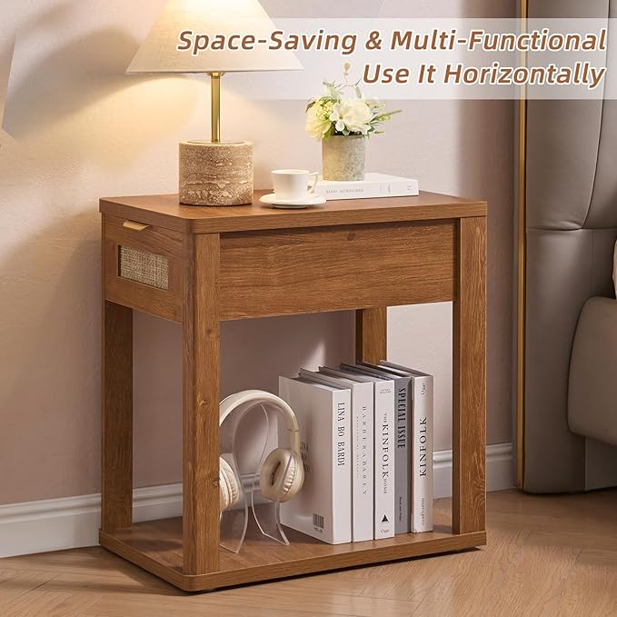 LEYAOYAO Narrow Side Table Set 2 with Charging Station, 24x14''Rattan Night Stand with Drawer Storage,Bedside End Table with Metel Handle for Small Spaces, Wood Boho Nightstand for Living Room Bedroom