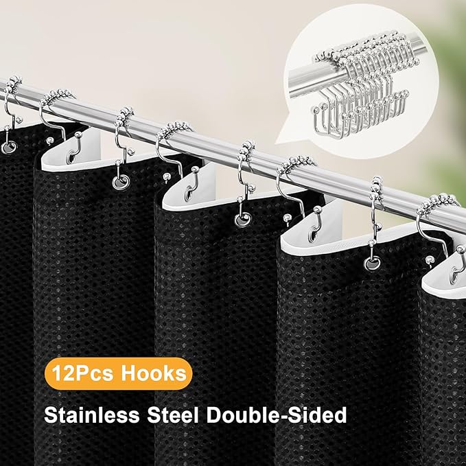3 in 1 Stall Half Size Shower Curtain Set-36 W x 72 H, Black Waffle Waterproof Fabric and PEVA Liner Set with Stainless Steel Hooks