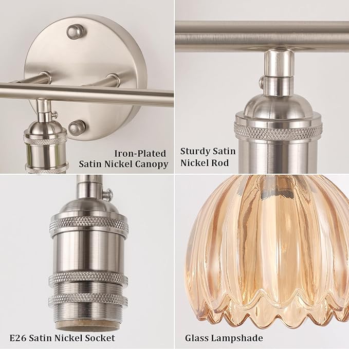 Bathroom Light Fixtures, 3-Light Vanity Wall Light Over Mirror with Amber Tulip Glass Shade for Bedroom Living Room (Bulb Not Included), Satin Nickel