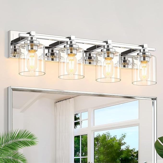 4 Light Modern Bathroom Light Fixtures Over Mirror, Chrome Vanity Lights for Bathroom Wall Sconces with Clear Glass Shades, E26 Socket (Bulbs Not Included)