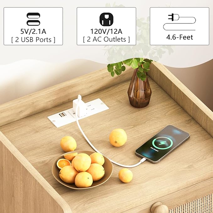 Rattan Nightstand with Charging Station, Mid Century Modern Bedside Side Table with 2 Drawers, Boho End Table with Wood Legs for Bedroom Natural Night Stand for Living Room