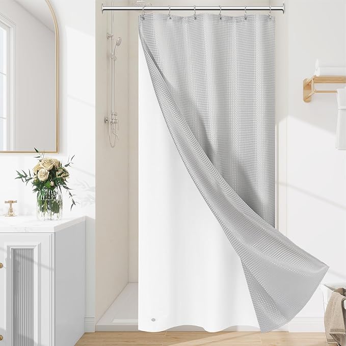 3 in 1 Stall Half Size Light Grey Shower Curtain Set-36 W x 72 H, Modern Waffle Waterproof Fabric and PEVA Liner Set with Stainless Steel Hooks
