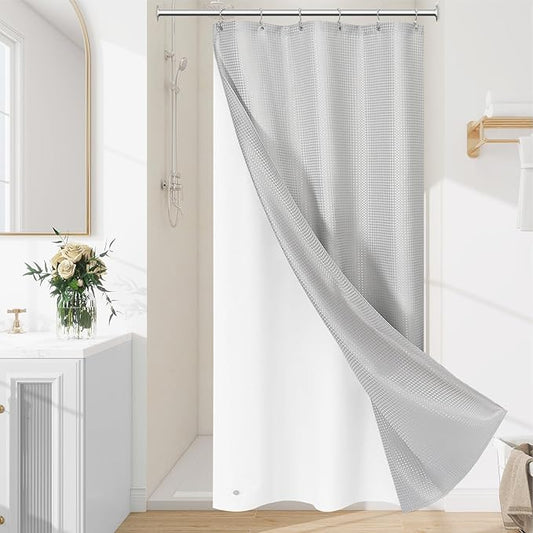 3 in 1 Stall Half Size Light Grey Shower Curtain Set-36 W x 72 H, Modern Waffle Waterproof Fabric and PEVA Liner Set with Stainless Steel Hooks