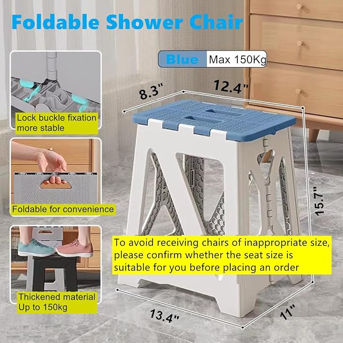 Foldable Bath Shower Safety Chair Seat Blue, Foldable and Anti-Slip Bench Bathtub Stool for Elderly or Seniors (Foldable ShowerChair 15.7" H Blue Seat Size 12.4" x 8.3“)