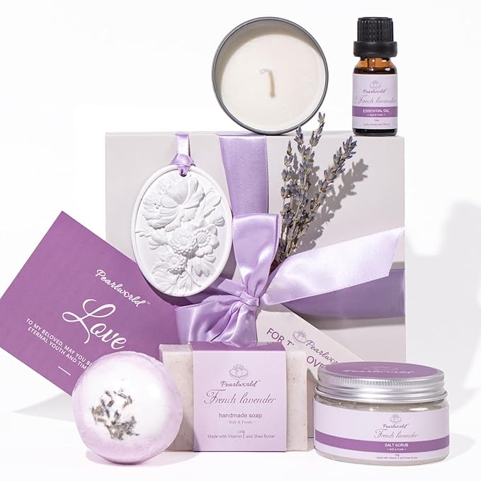 Lavender Spa Set for Women, Bath Set Self Care for Women, Nourishing 7 Piece Home Spa Set, Birthday Gift and a Gift For Mom