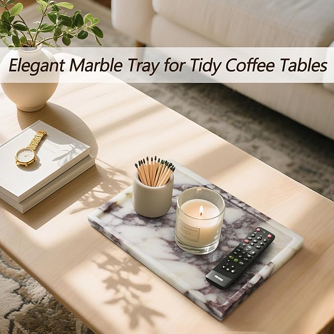 100% Real Luxury Natural Marble Vanity Tray Genuine Calacatta Viola Marble Stone Storage Trays for Home Decor Bathroom Vanity Dresser Kitchen, Non-Resin/Non-Ceramic, 11.7" x 7.8"