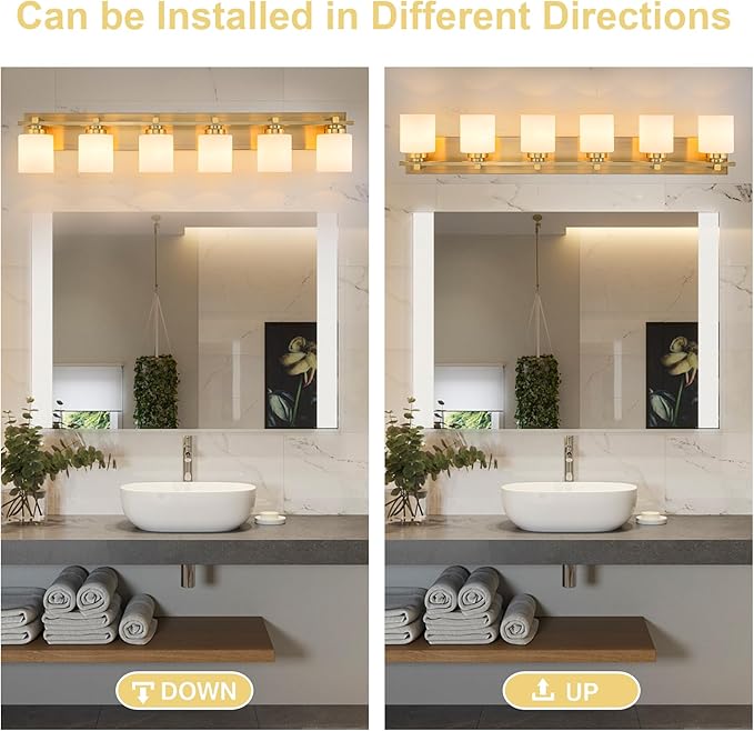 6 Light Modern Bathroom Light Fixtures Over Mirror, Brass Finish Vanity Lights for Bathroom Wall Sconces with Milky White Glass Shades, E26 Socket (Bulbs Not Included)