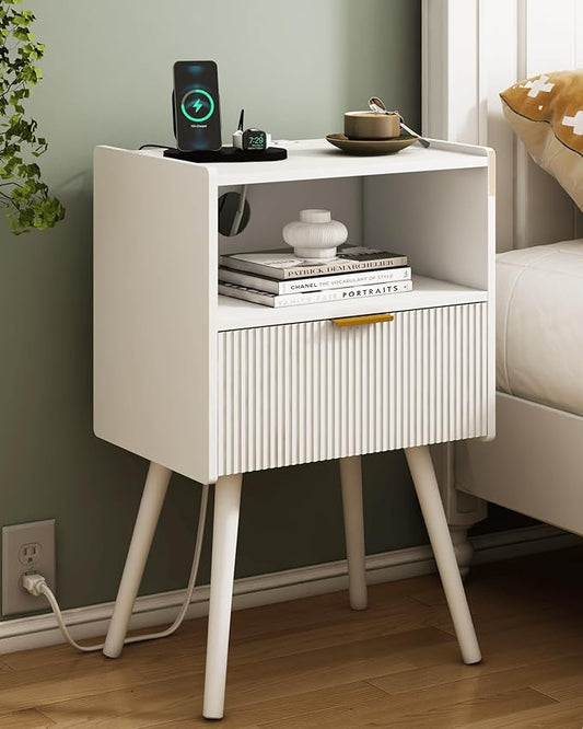 White Nightstand with Outlet,Modern Bedside Table with Storage Drawer and Open Wood Shelf, for Living Room, Bedroom and Small Spaces, Accent Night Stand with Solid Wood Legs, Easy Assembly