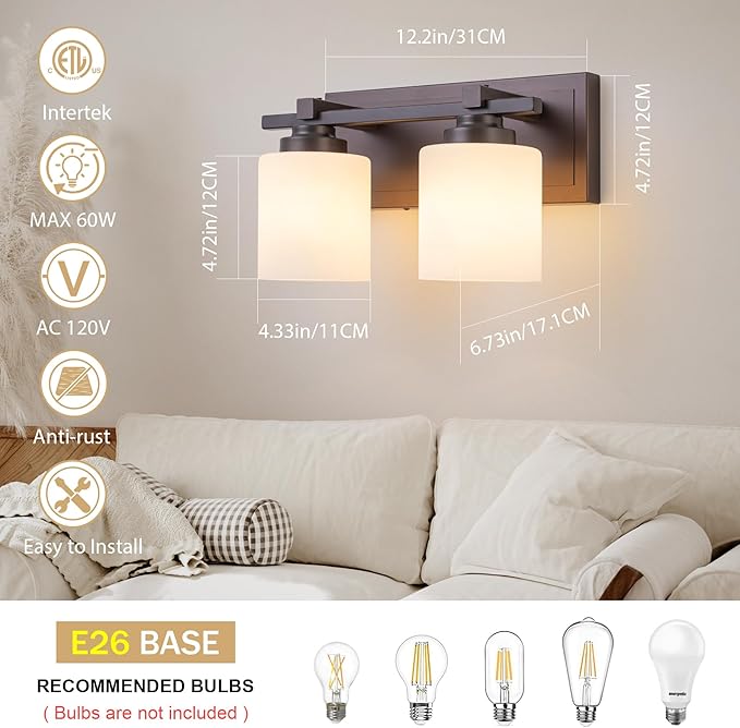 2 Light Modern Bathroom Light Fixtures Over Mirror, Bronze Finish Vanity Lights for Bathroom Wall Sconces with Milky White Glass Shades, E26 Socket (Bulbs Not Included)