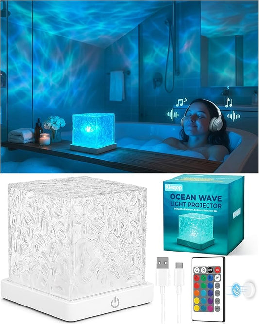 Rechargeable Shower Light No Wiring, 16 Color Ocean Wave Projector Light Cordless, Waterproof Shower Mood light with Remote, Bathtub Lights for Relaxing Spa, Water Ripple Projector for Bathroom Decor