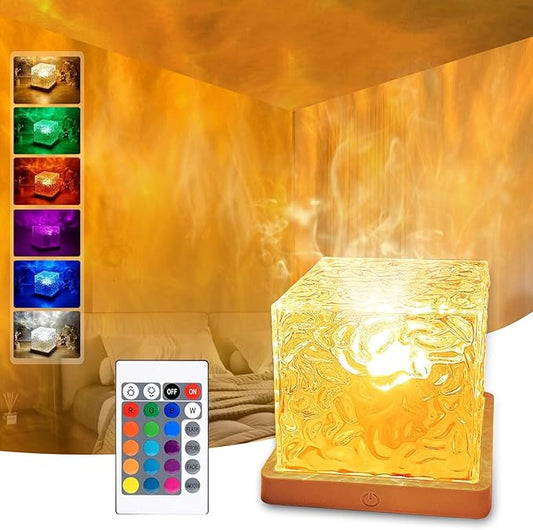 Ocean Wave Projector Light,Northern Lights Aurora Projector Light,16 Colors Gradual Rotating Flame Water Lamp，Cube Night Light with Remote Control for Living Room Bedroom, Decor Hotel, etc