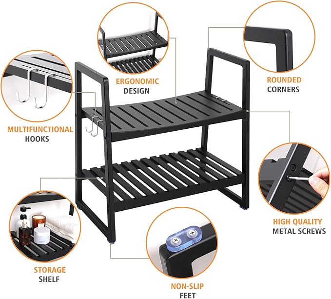 VVW 24.4 Inch Bamboo Shower Bench Seat Chair Stool with Arms for Inside Shower, Heavy Duty Spa Bath Chair with 2 Movable Hooks, Non-Slip Feet for Bathroom Accessories (Black L)