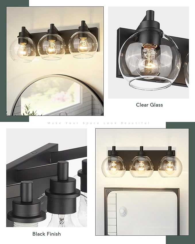 Bathroom Light Fixtures, 3-Light Matte Black Vanity Light, Modern Wall Sconces with Clear Glass Globe Shade, Bathroom Wall Lights for Mirror Kitchen Bedroom Hallway, VL195-MB-3
