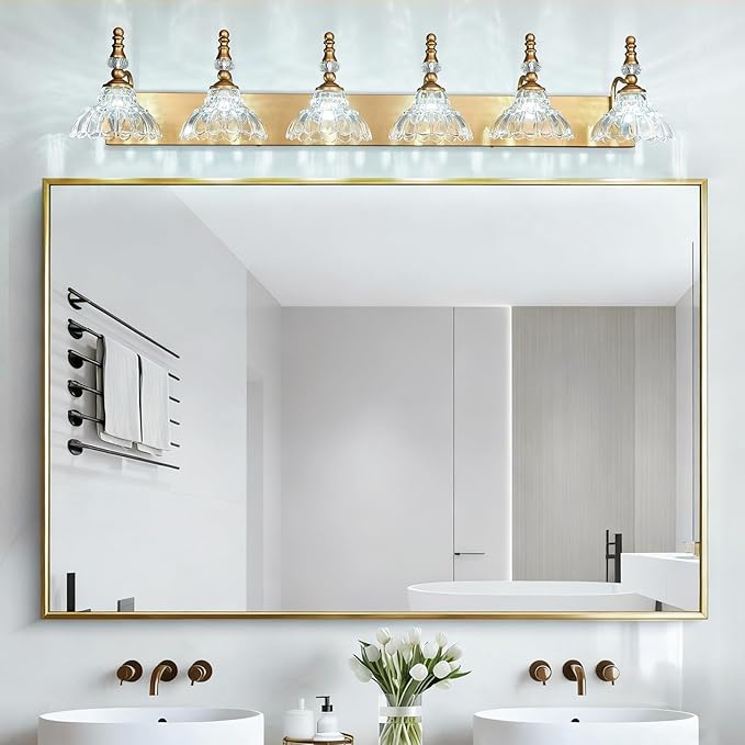 Vintage Bathroom Vanity Light, 6-Light Brass Vanity Lighting Fixture with Flower Glass Shade, Bathroom Lighting Fixtures Over Mirror