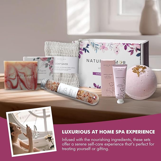 Rose Bath Spa Gift for Women,Handmade Spa gift for her, 5pc Bath & Body Gift Including Soap Bar, Hand Cream, Bath Salt, Soap Saver, Bath Bomb,Self Care Package by Natural Amor