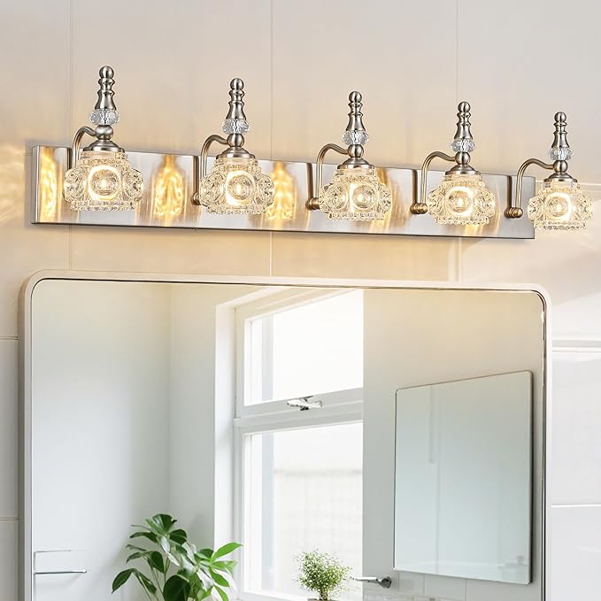 Modern Glass Crystal Vanity Light - Vintage Bathroom Lighting Fixtures Over Mirror, 5 Light Vanity Lights G9 Bulb (35.43 Inch, Nickel)
