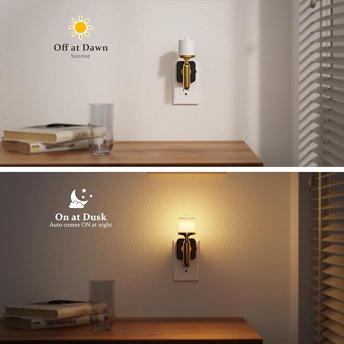 JandCase Candle Night Light, 2 Pack Night Lights Plug into Wall, 3000K Soft White, 0-100LM Adjustable Brightness, Dusk to Dawn Sensor NIghtlight for Dinning Room, Living Room, Bathroom, Hallway