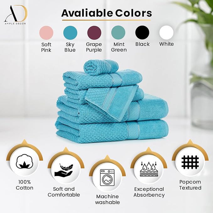 Ample Decor Sky Blue Wash Cloth Set of 10 100% Cotton - Quick Dry, Highly Absorbent, Popcorn Textured - Mulaayam Collection - 12 X 12 Inch