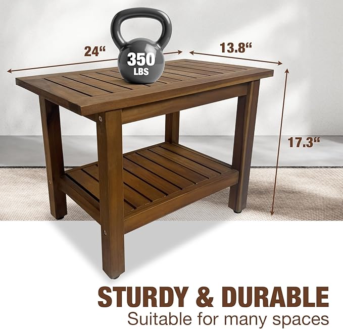 24 inch Acacia Wood Shower Bench with Storage Shelf - Waterproof Sturdy Shower Stool - Shower Seats for Adults and Elderly - Bathroom Bench 350 lb Capacity