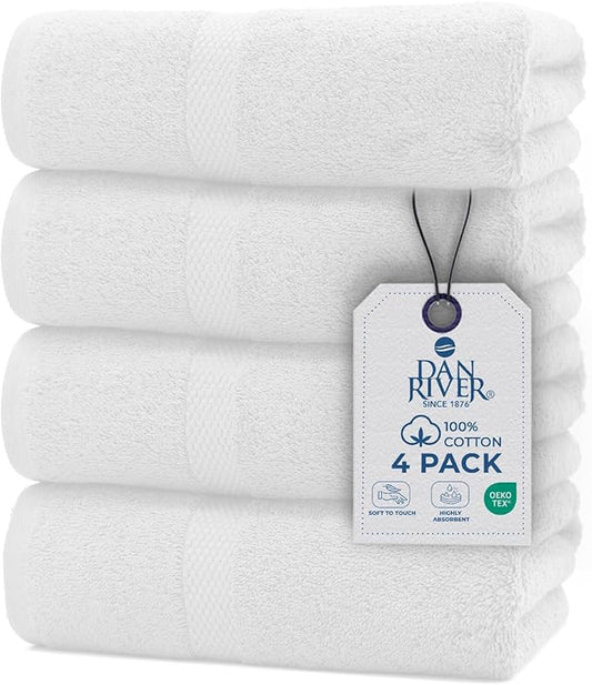 DAN RIVER Bath Towels Set of 4, 27 x 54 Inches, 100% Cotton, Larger & Lighter Weight, Quicker to Dry, Super Soft and Absorbent, Ideal White Towels for Daily Use