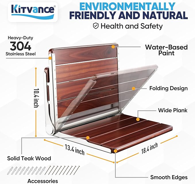 Upgraded 18" ADA Compliant Folding Teak Shower Seat Wall Mounted-Teak Folding Shower Bench, Folding Shower Seat for Inside Shower, Teak Foldable Shower Chair, Fold Down Shower Seat, Max Load 400lbs