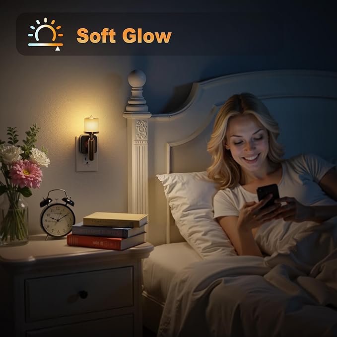 JandCase Candle Night Light, 2 Pack Night Lights Plug into Wall, 3000K Soft White, 0-100LM Adjustable Brightness, Dusk to Dawn Sensor NIghtlight for Dinning Room, Living Room, Bathroom, Hallway