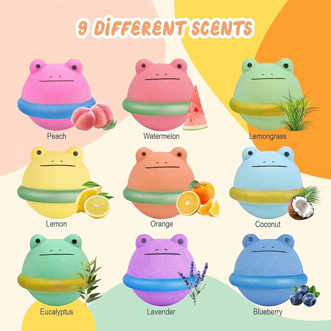 SHUCHING 9 PCS XXL Frog Bath Bombs with Surprise Inside, Organic Bubble Bath Fizzy Balls for Kids, Birthday Christmas Gifts Set for Boys Girls