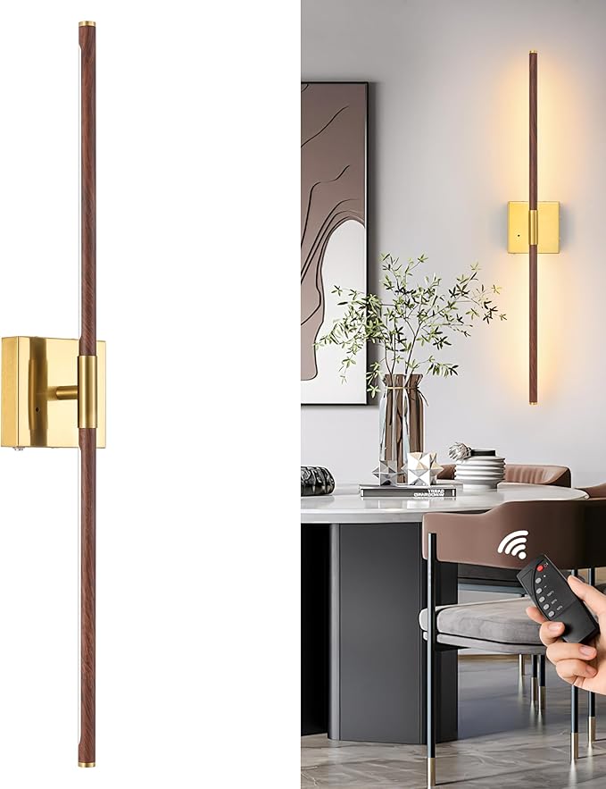 Battery Operated Wall Sconce Single, Walnut Gold Rechargeable Wall Sconce with Remote, Dimmable Sconce Wall Light, 30 Inch LED Wireless Wall Light for Background Wall, Bedroom,Living Room