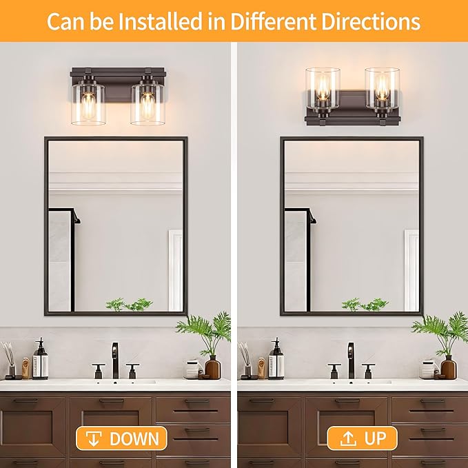 2 Light Modern Bathroom Light Fixtures Over Mirror, Bronze Finish Vanity Lights for Bathroom Wall Sconces with Clear Glass Shades, E26 Socket (Bulbs Not Included)